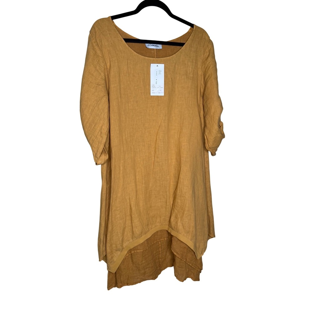 NWT EllaModa‎ mustard yellow linen dress cottage core lagenlook boho midi